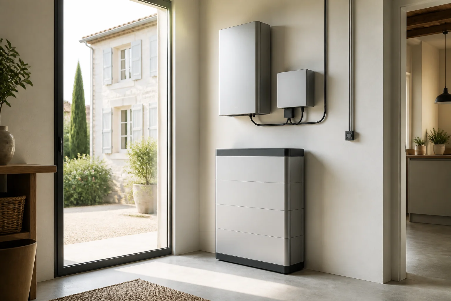 Batterie solaire installée dans un garage ventilé