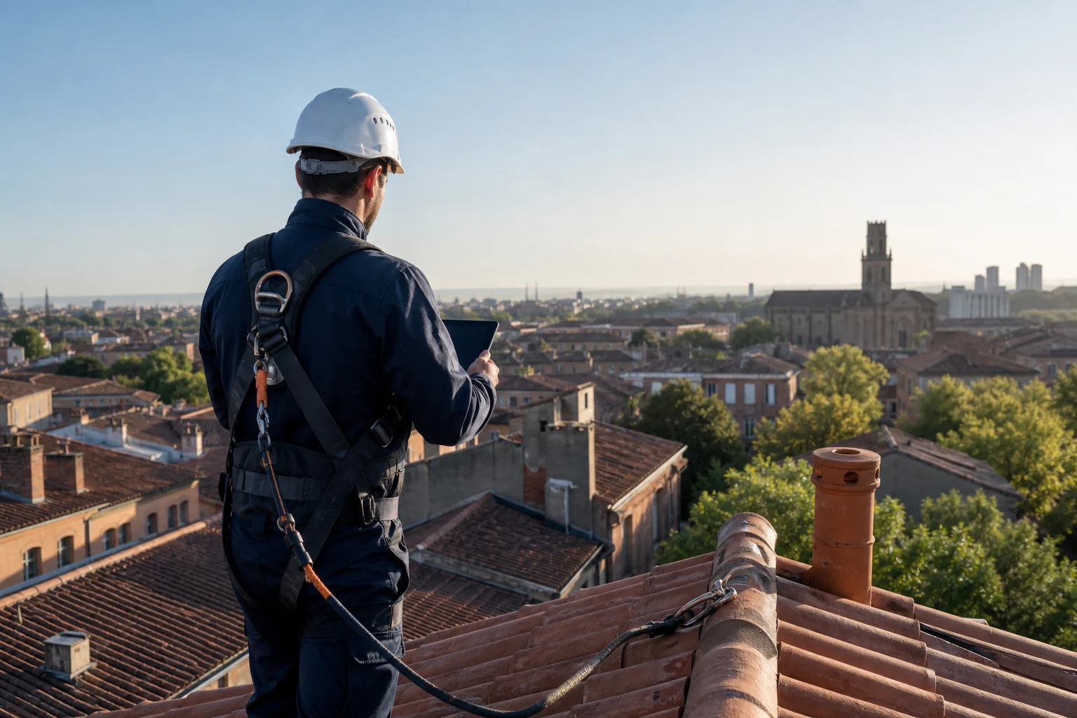 Technicien réalisant un relevé de toiture
