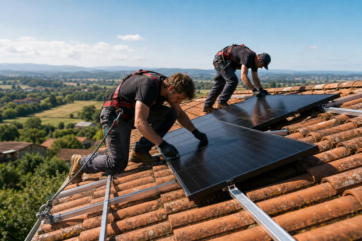 Pose coordonnée d’un module solaire en toiture